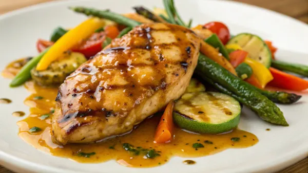 Gegrilde honing-mosterd kip met zomerse groenten
