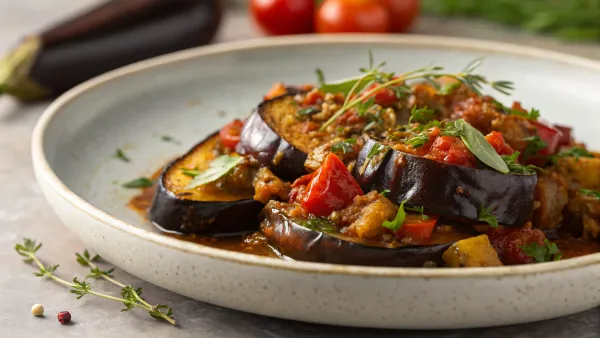 Romantische gestoofde aubergine met Zuid-Afrikaanse kruiden