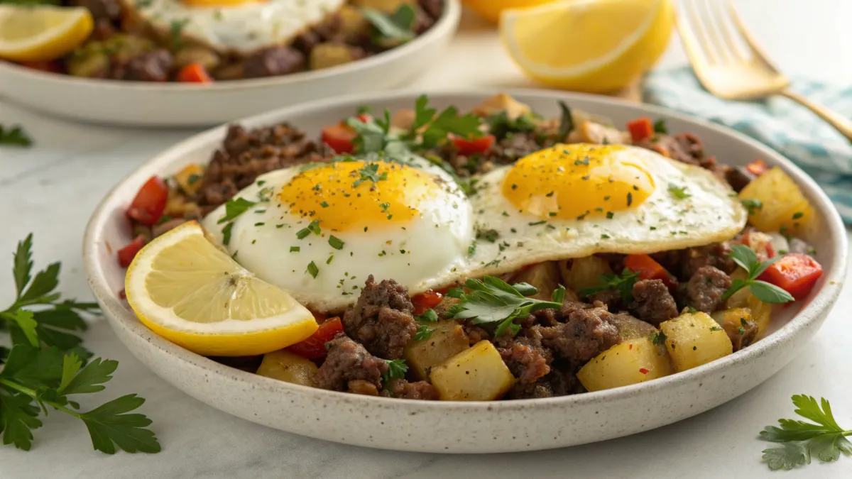 Feestelijk rundergehakt ontbijt met eieren