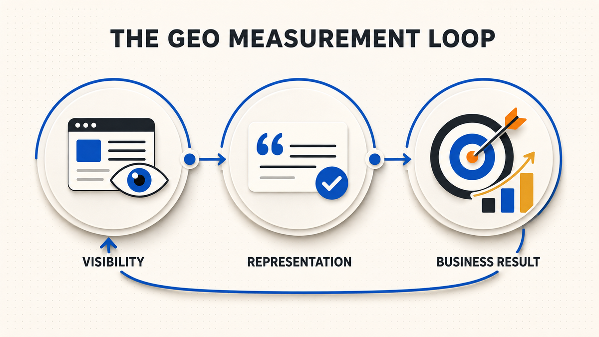 Three-stage GEO measurement loop connecting impressions, citations, and conversions.