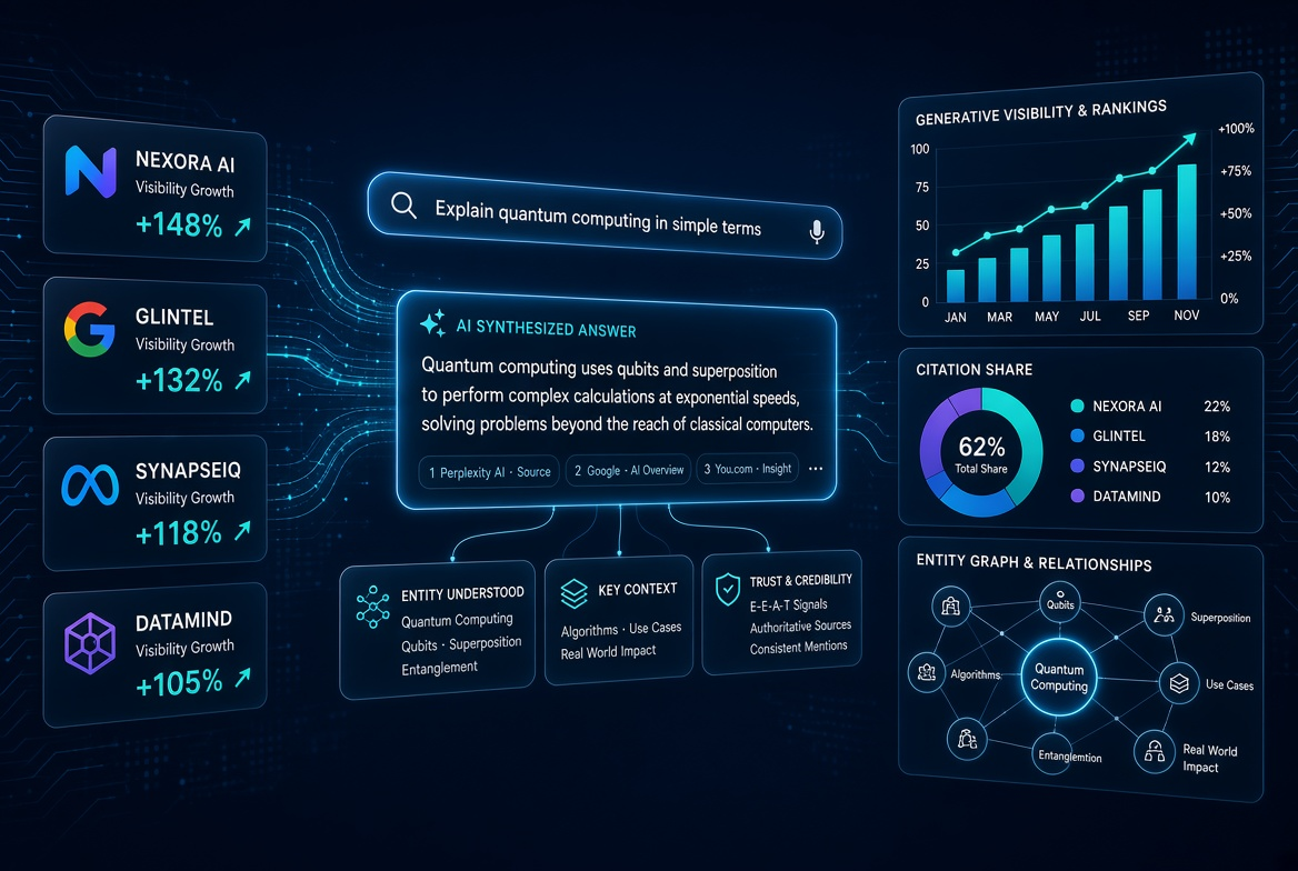 Dark analytics dashboard illustrating AI-search visibility metrics, citations, and trends.