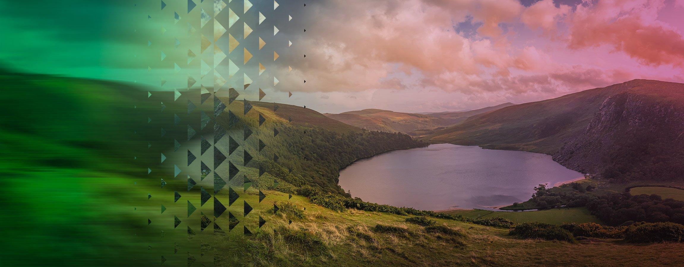 Green hills and a lake