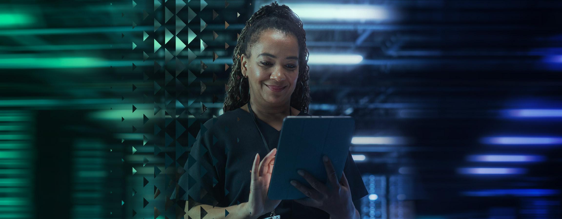 Nainen työskentelee tabletilla