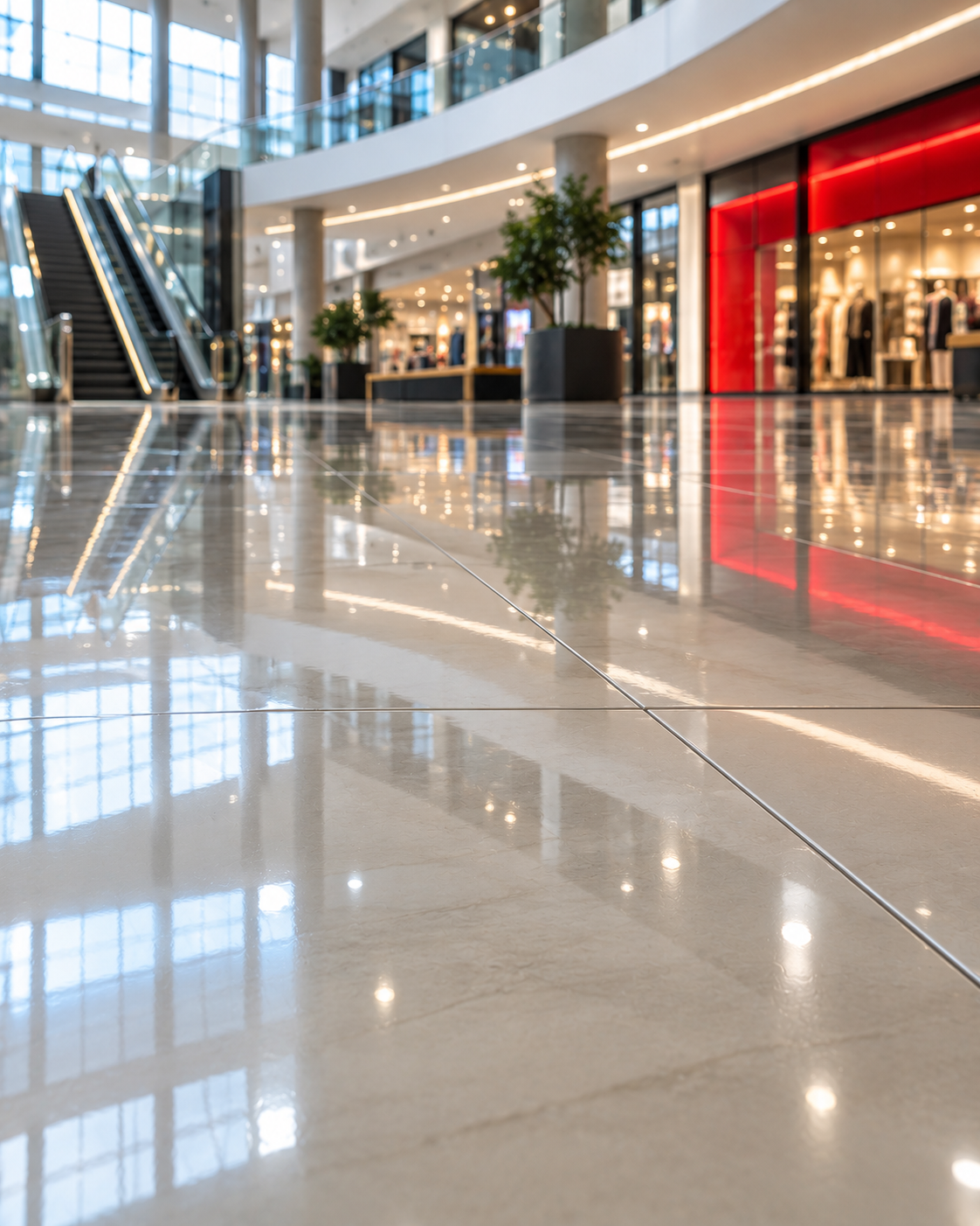 Polished floor in a shopping centre walkway