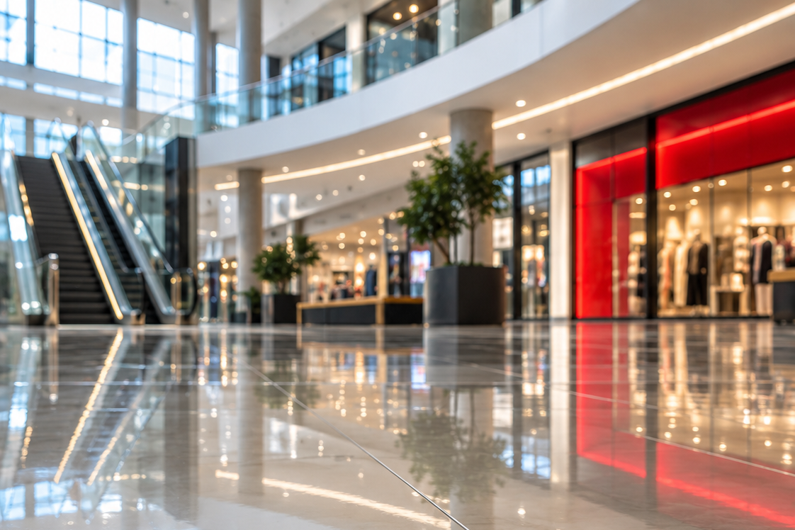 Polished floor in a shopping centre walkway