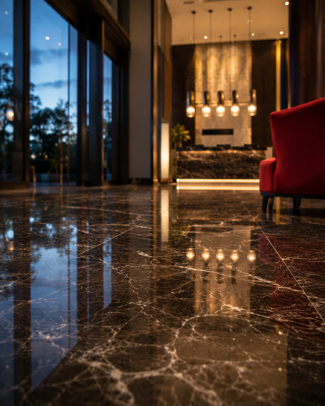 Polished floor in a hotel lobby