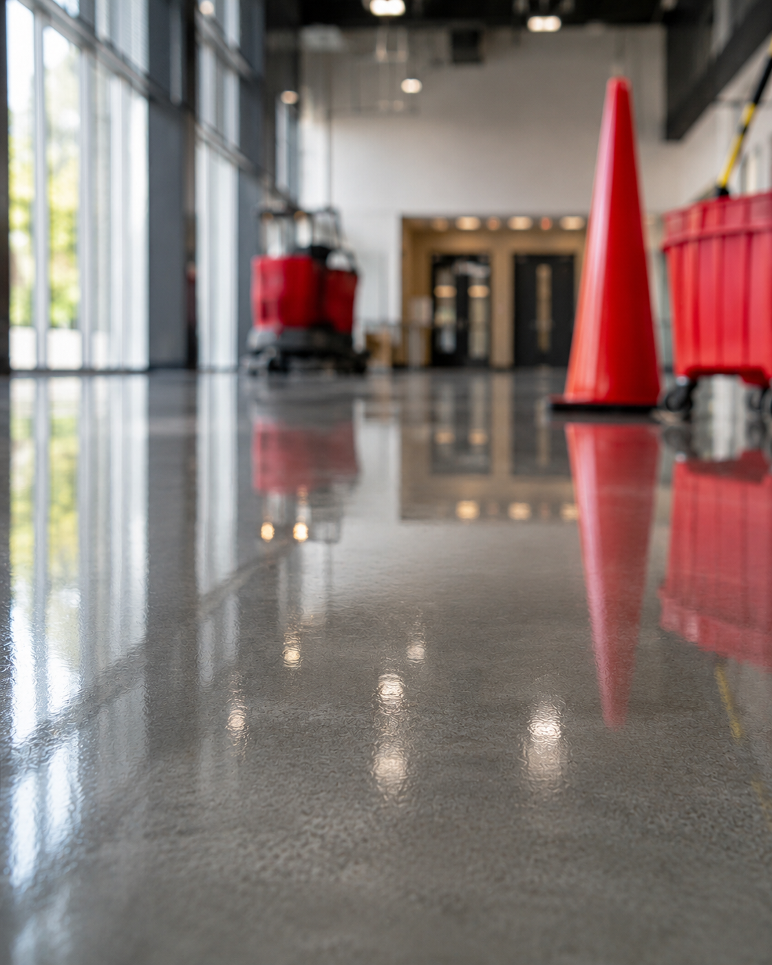Freshly cleaned hard floor on a commercial site