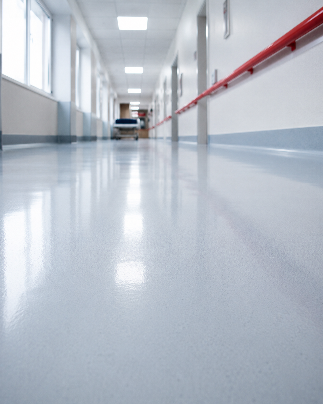 Polished vinyl floor reflecting light in a hospital corridor