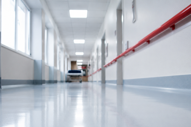 Polished vinyl floor reflecting light in a hospital corridor
