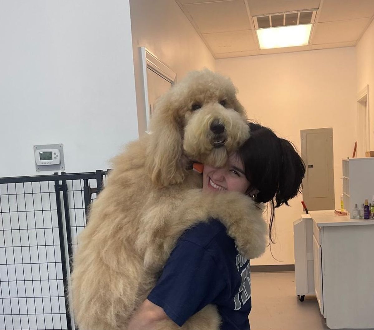Lead groomer Mariana hugging a dog