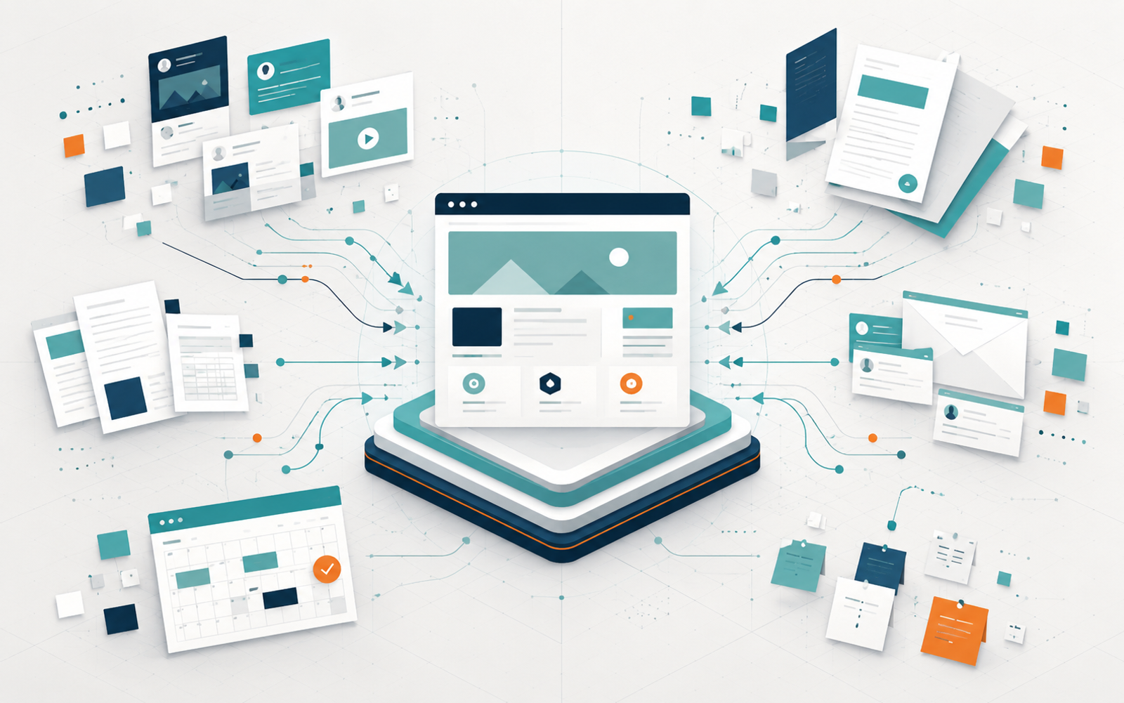 Scattered business information converging into one organized website source of truth.