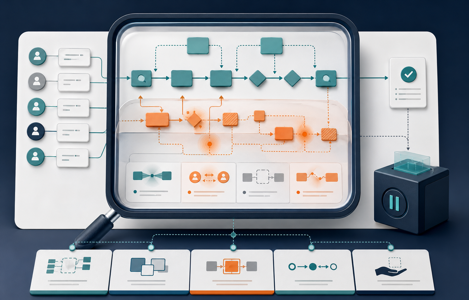A workflow map being examined to reveal hidden handoffs, bottlenecks, and exception paths before automation.