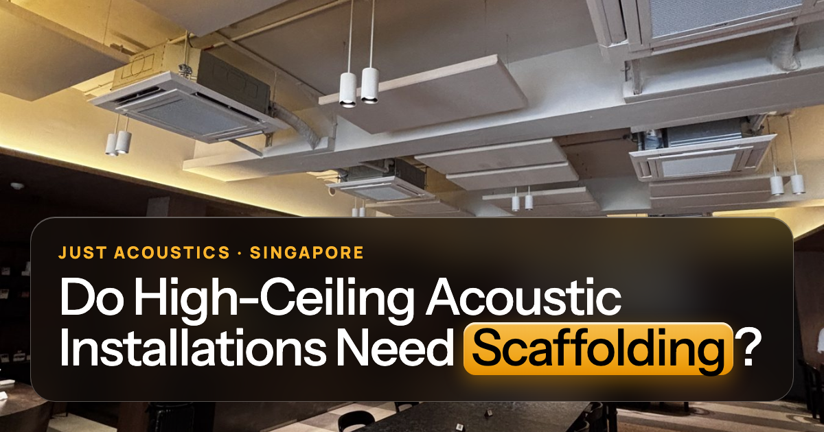 High-ceiling restaurant with suspended acoustic clouds