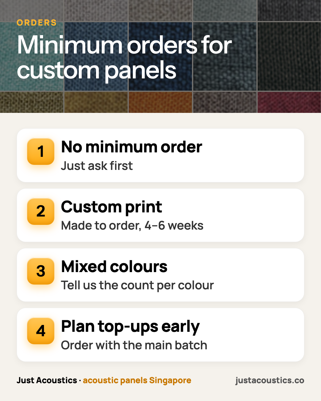 Minimum orders for custom panels infographic