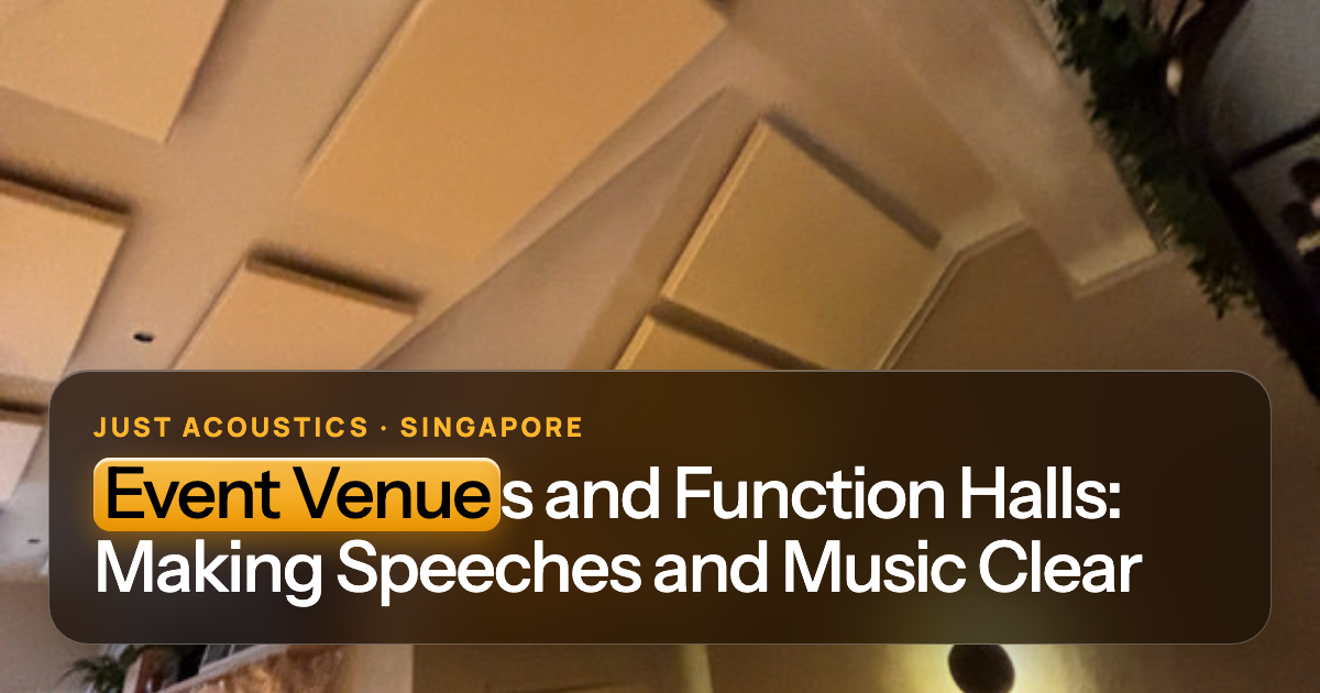Event space with acoustic clouds on the ceiling