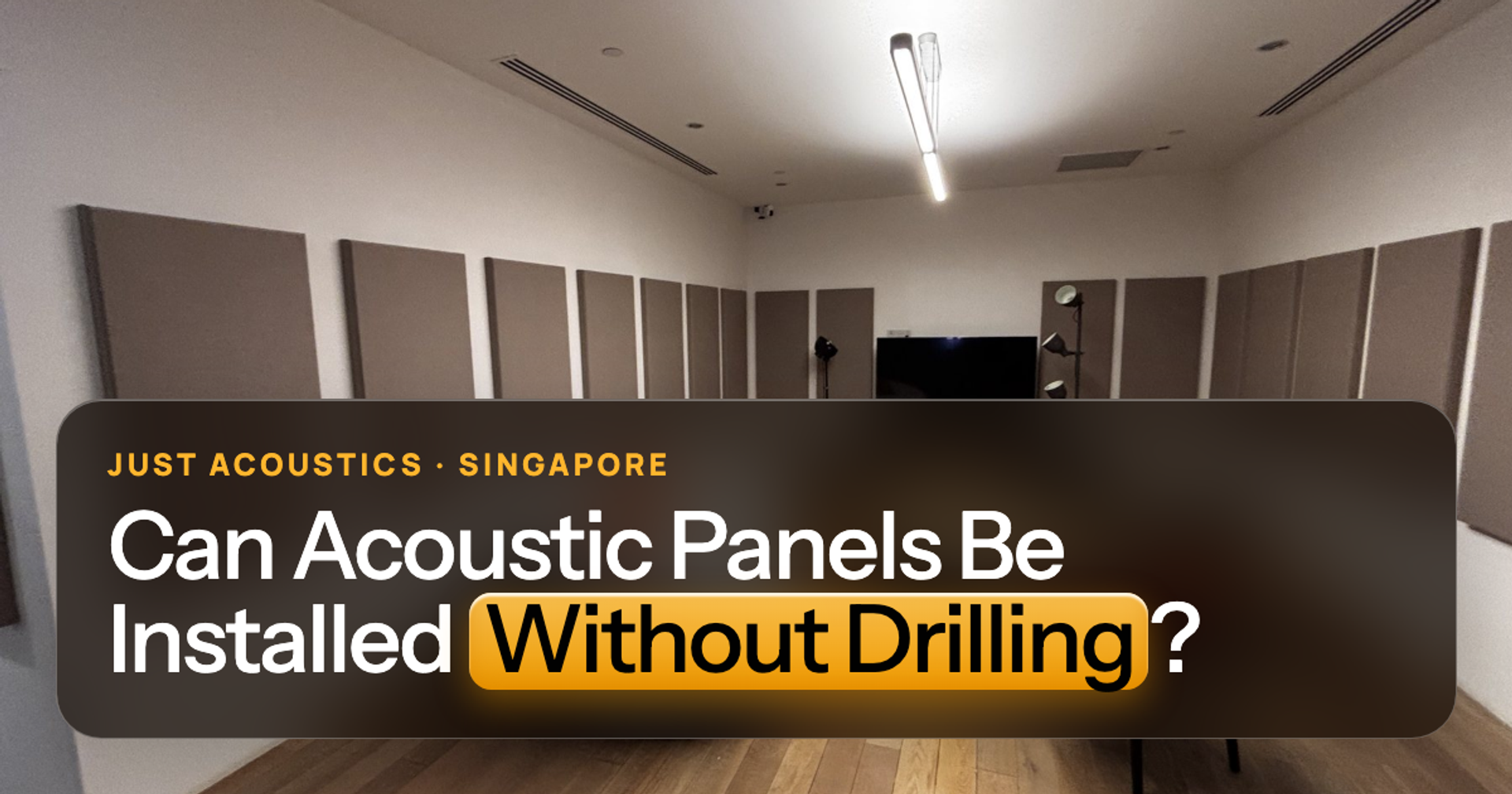 Living room wall with acoustic panels mounted without drilling