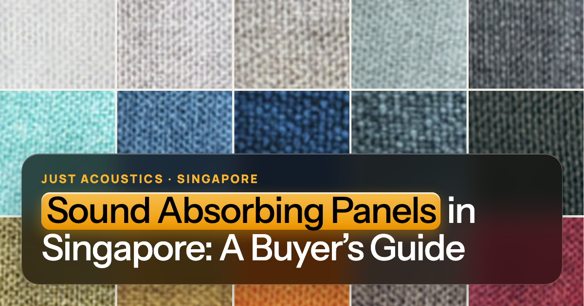 Fabric acoustic panel colour swatches in blues, greys and orange