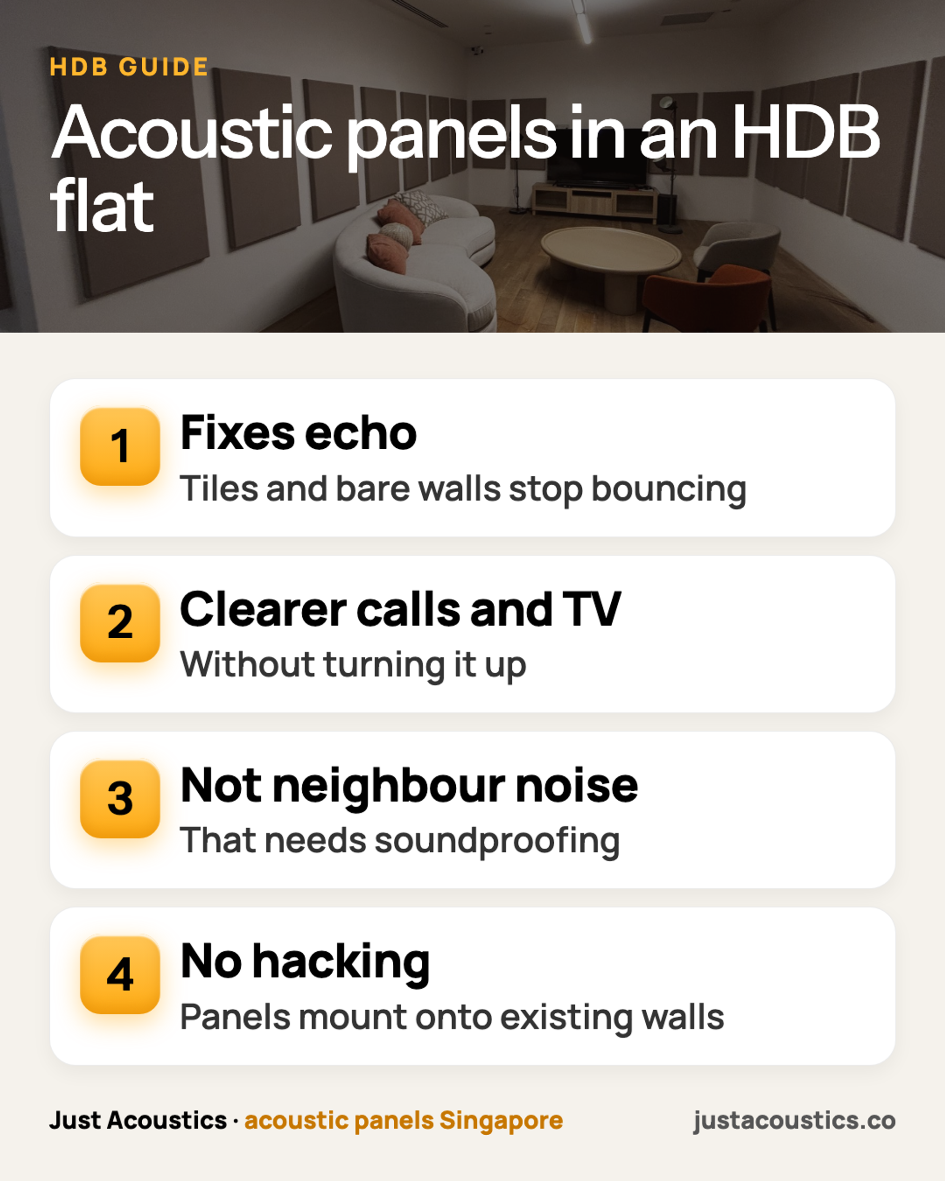 Acoustic panels in an HDB flat infographic