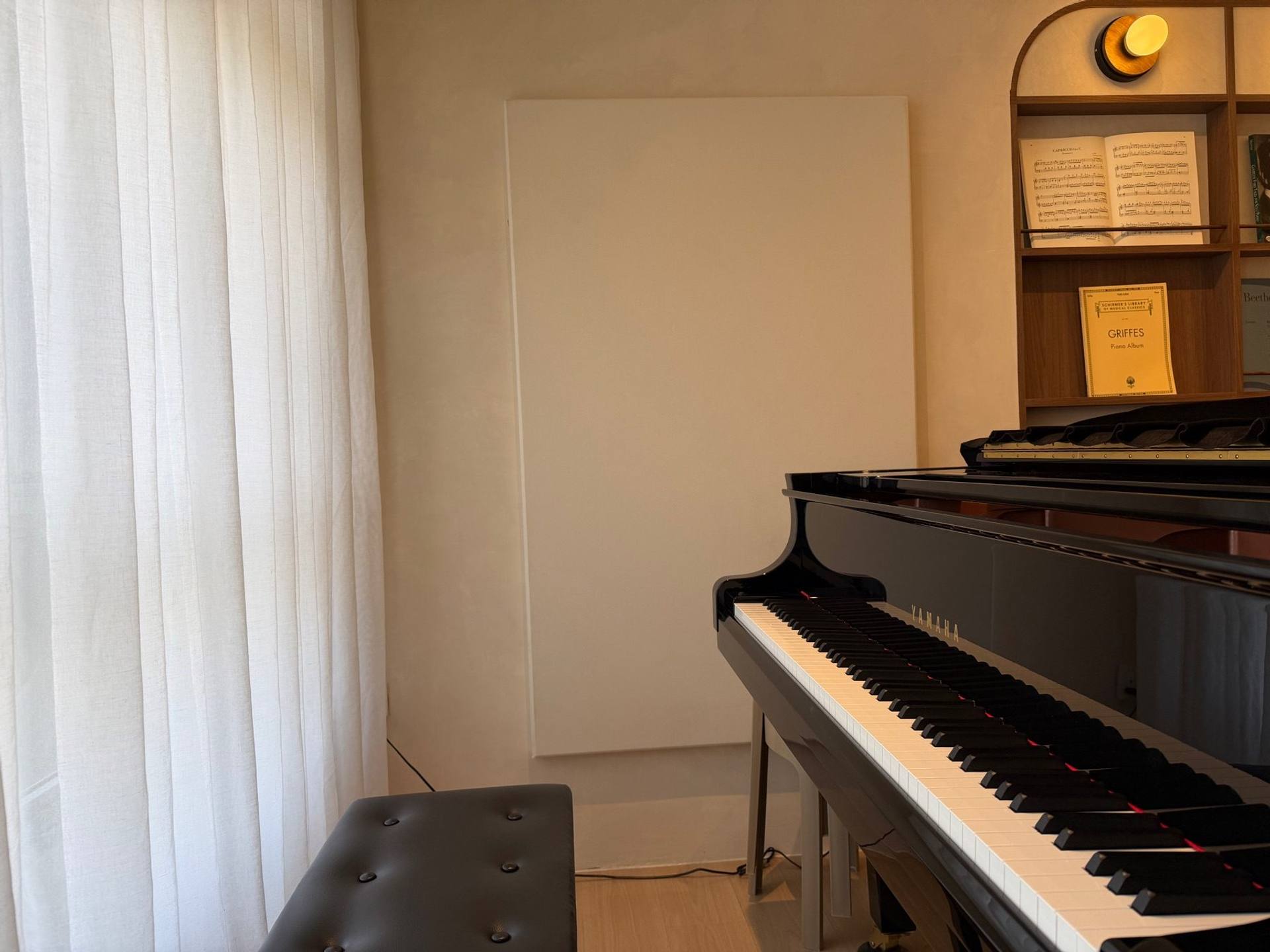 Grand Piano Living Room: acoustic panels installed by Just Acoustics