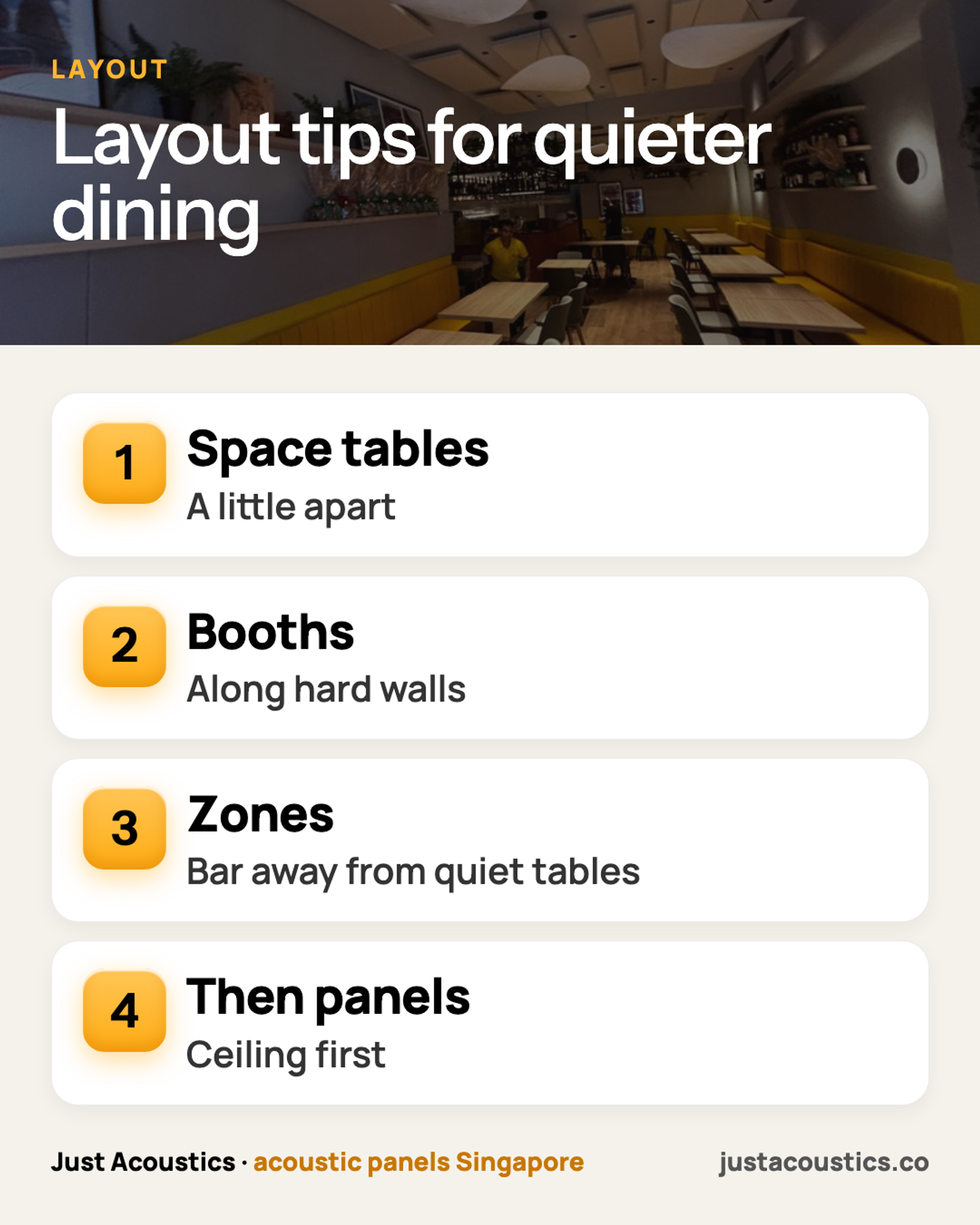 Layout tips for quieter dining infographic