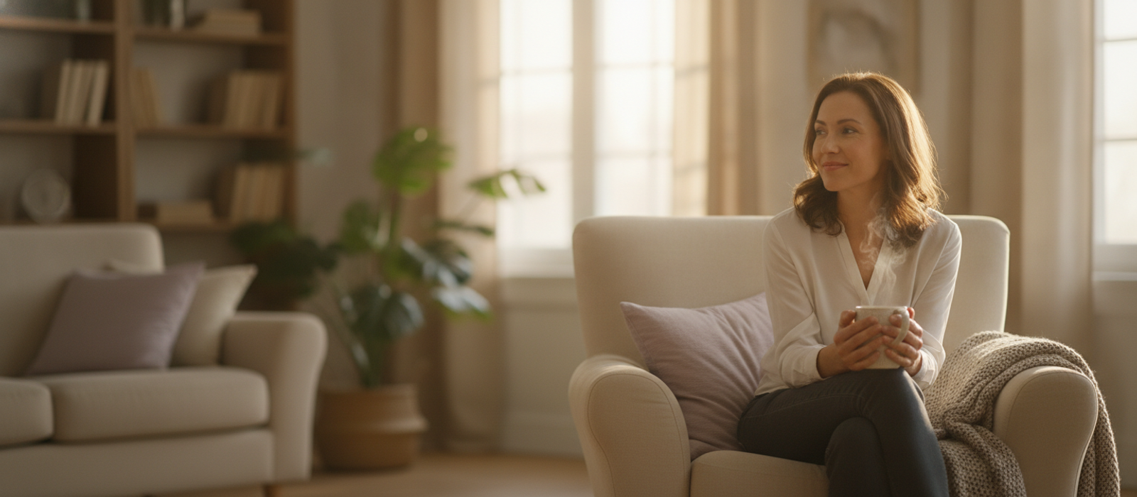 A woman sits calmly in a sunlit living room holding a warm mug, conveying emotional wellbeing and quiet resilience.