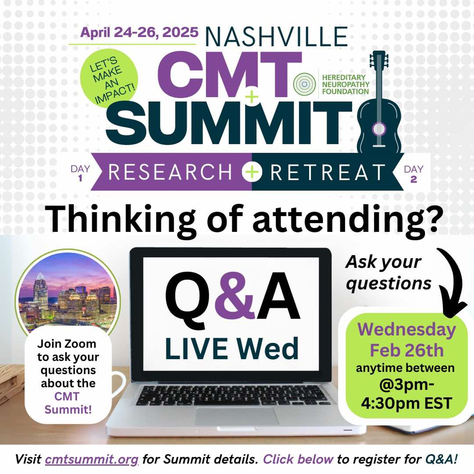 Volante promocional en vivo de preguntas y respuestas de Nashville CMT Summit, miércoles 26 de febrero, con imágenes de guitarra y paisaje urbano.