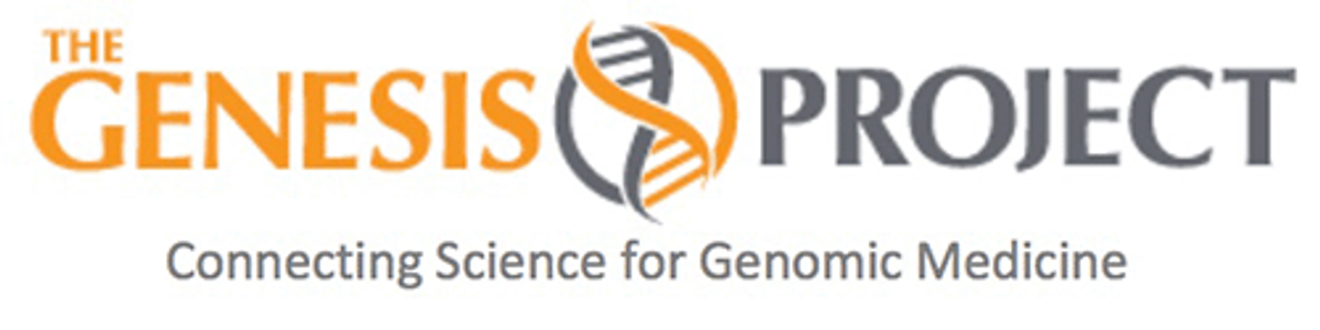Logotipo de THE GENESIS PROJECT con símbolo de hélice de ADN y lema "Conectando la ciencia para la medicina genómica"