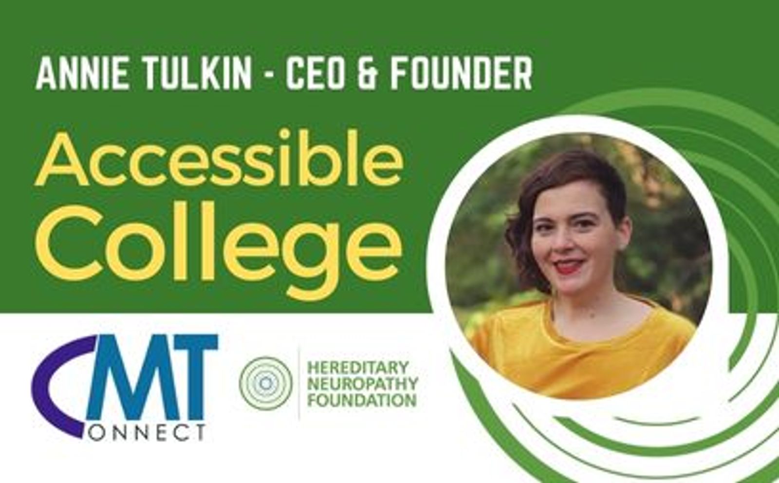 Annie Tulkin, directora ejecutiva y fundadora de Accessible College, CMT Connect, Hereditary Neuropathy Foundation, foto de retrato.