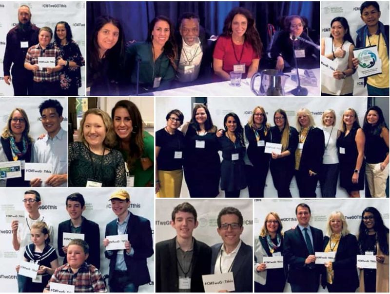 Collage de fotos de eventos que muestra a asistentes con cordones y credenciales con sus nombres en una reunión profesional.