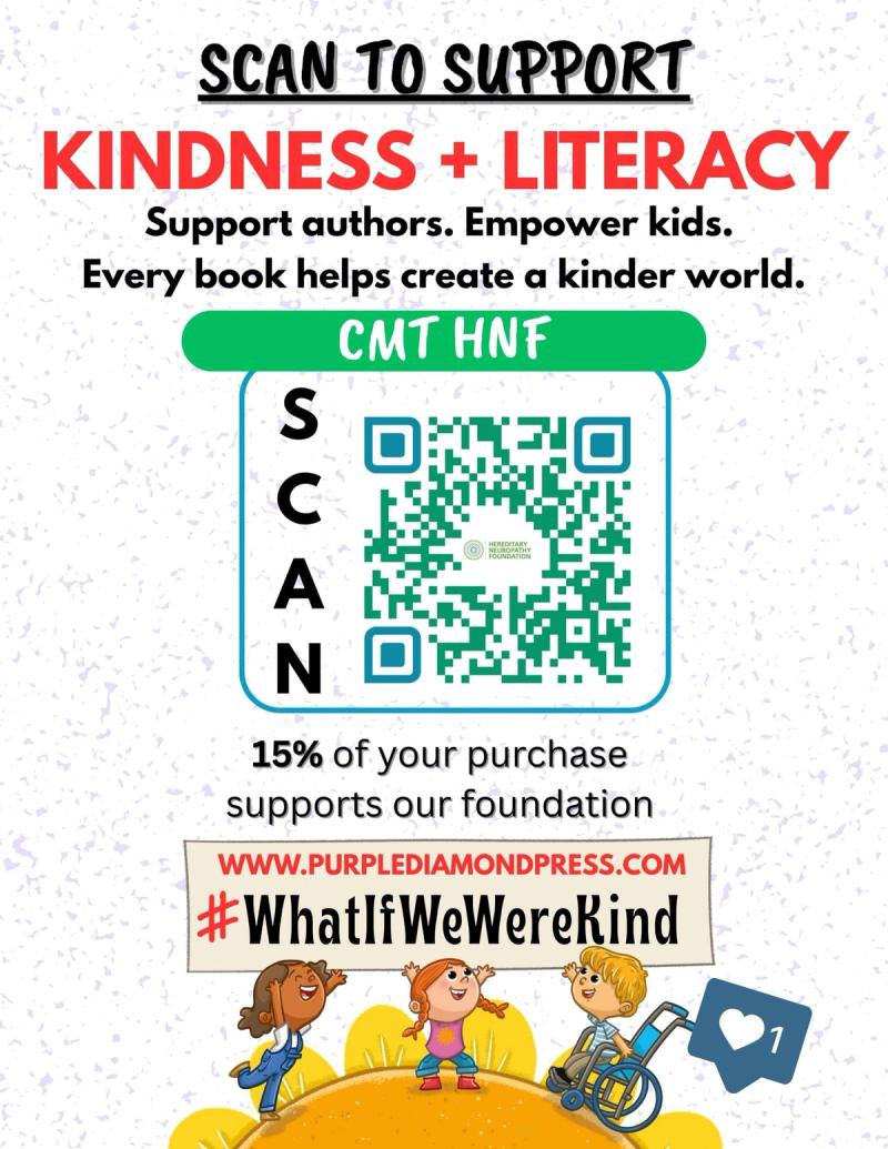 Promotional flyer for Kindness + Literacy campaign with QR code labeled CMT HNF and hashtag #WhatIfWeWereKind.