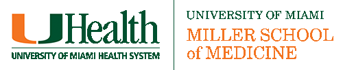 Logotipo de UJ Health University of Miami Health System y encabezado de texto de la Facultad de Medicina Miller