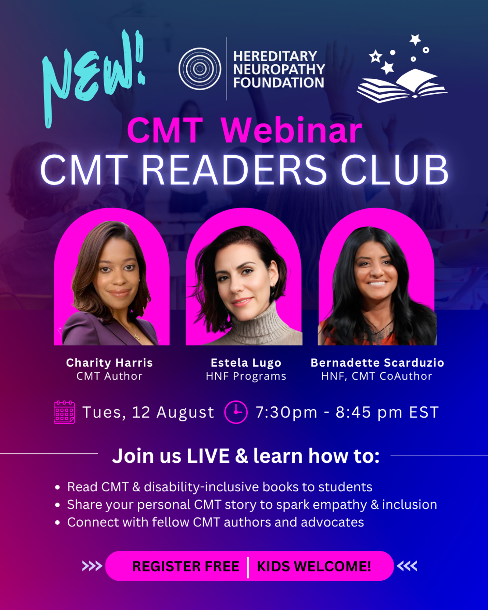 Promotional poster for CMT Webinar Readers Club featuring three panelists, scheduled Tuesday, August 12 at 7:30pm EST.