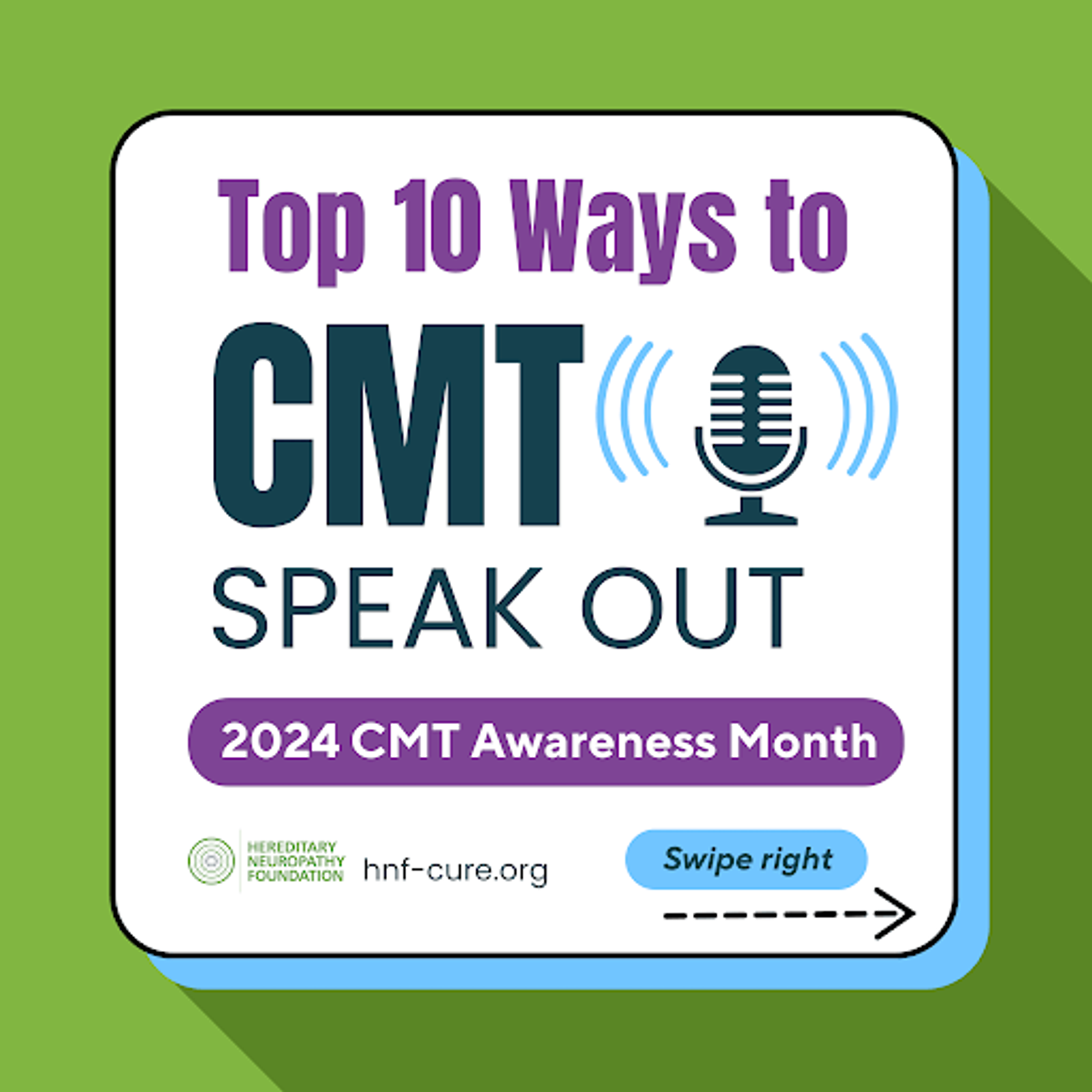 Infographic card titled "Top 10 Ways to GMT Speak Out" with microphone icon and 2024 CMT Awareness Month banner.
