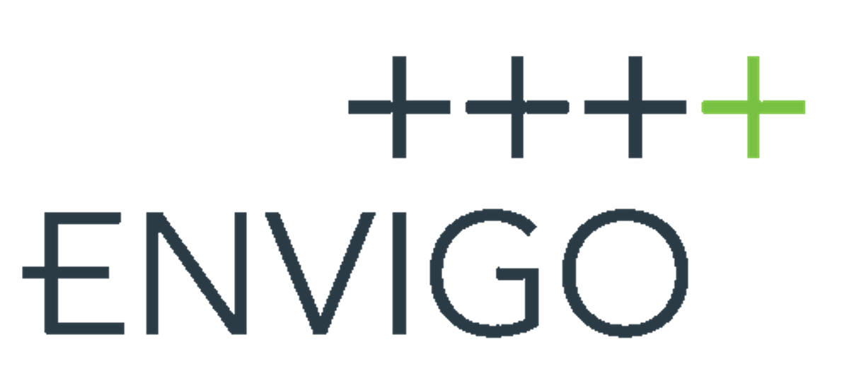 Logotipo de Envigo con tres signos más oscuros y un signo más verde sobre el texto