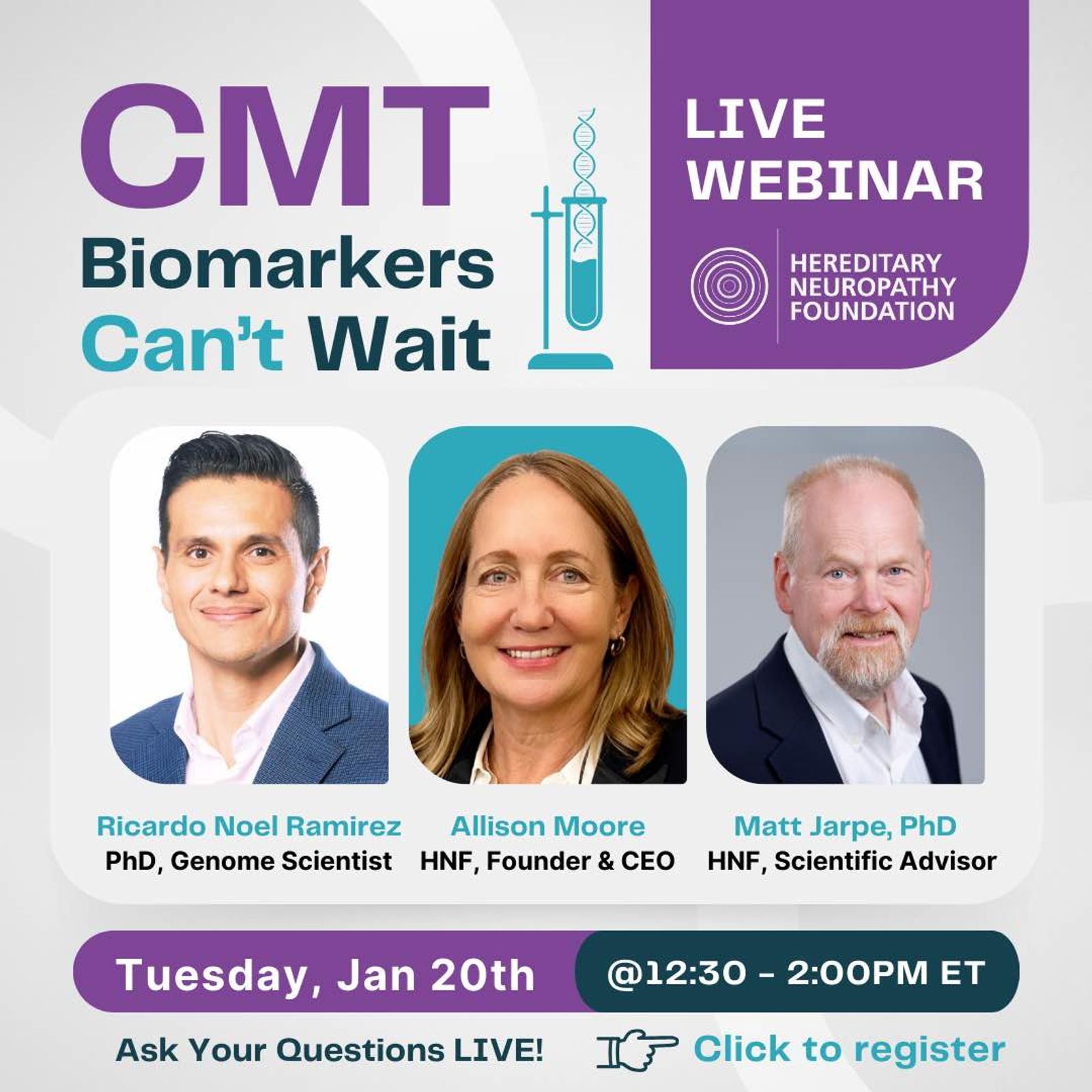 CMT Biomarkers Can't Wait live webinar promotional graphic with three speakers, January 20th at 12:30-2:00pm ET.