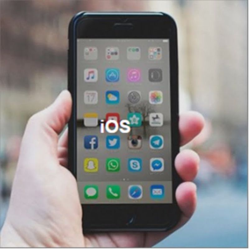 Hand holding black iPhone displaying iOS home screen with app icons.