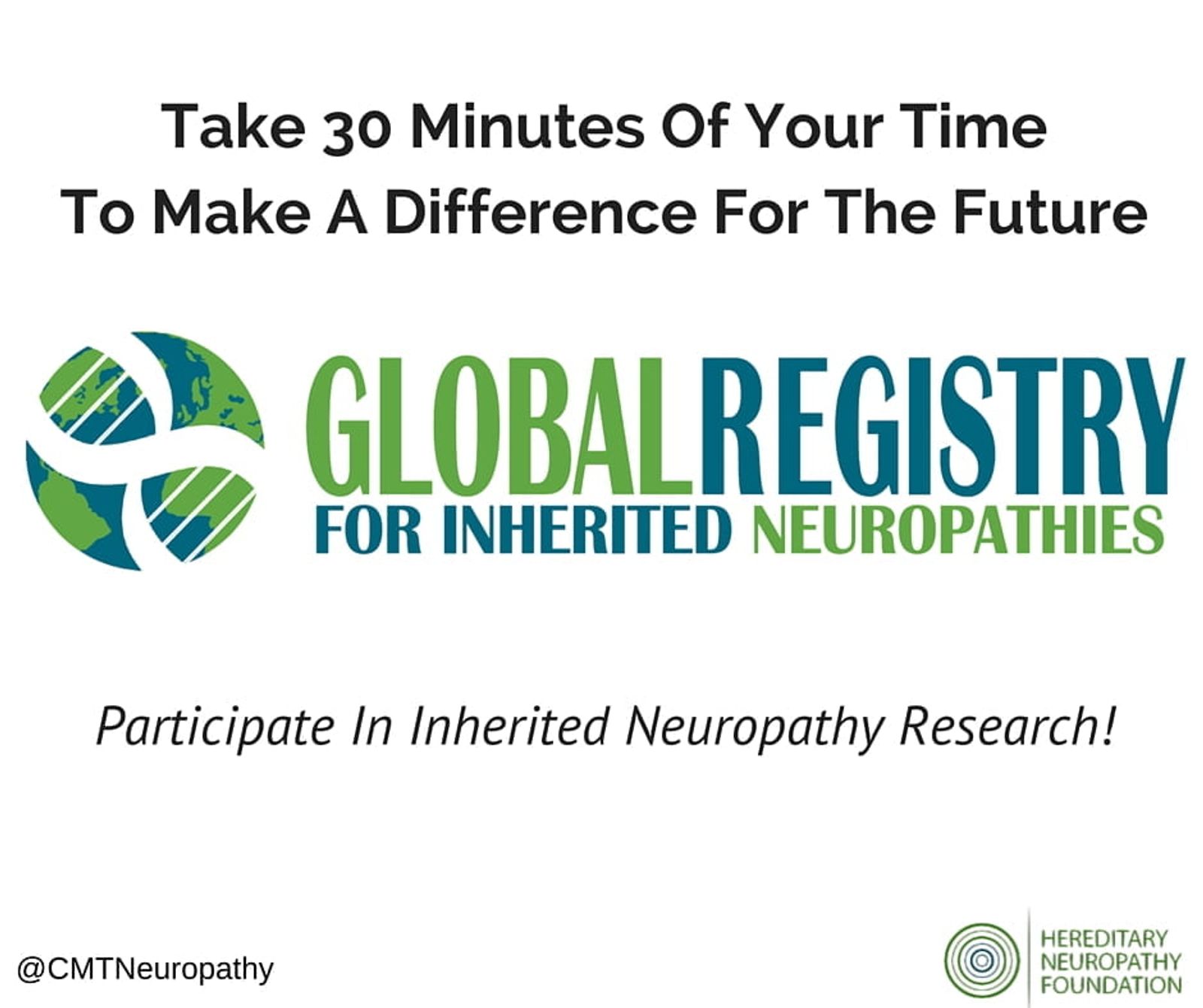 Logotipo de Global Registry for Inherited Neuropathies con texto que invita a participar en la investigación, solo se necesitan 30 minutos.