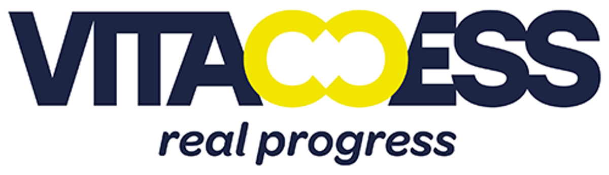 VITACOESS logo with yellow infinity symbol and tagline "real progress"