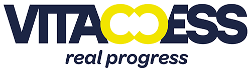 VITACOESS logo with yellow infinity symbol and tagline "real progress"