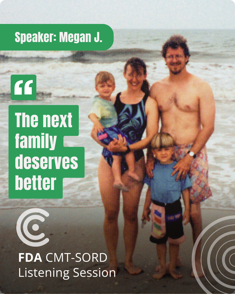 Speaker Megan J. with her husband Greg and their two young children on a beach, with her quote: The next family deserves better.