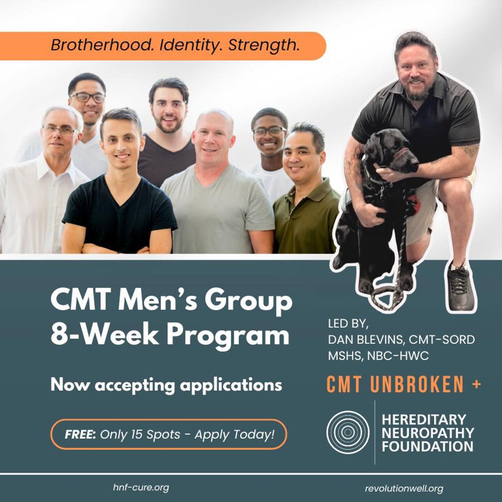 CMT Men's Group 8-Week Program promotional flyer with group of men and program details.