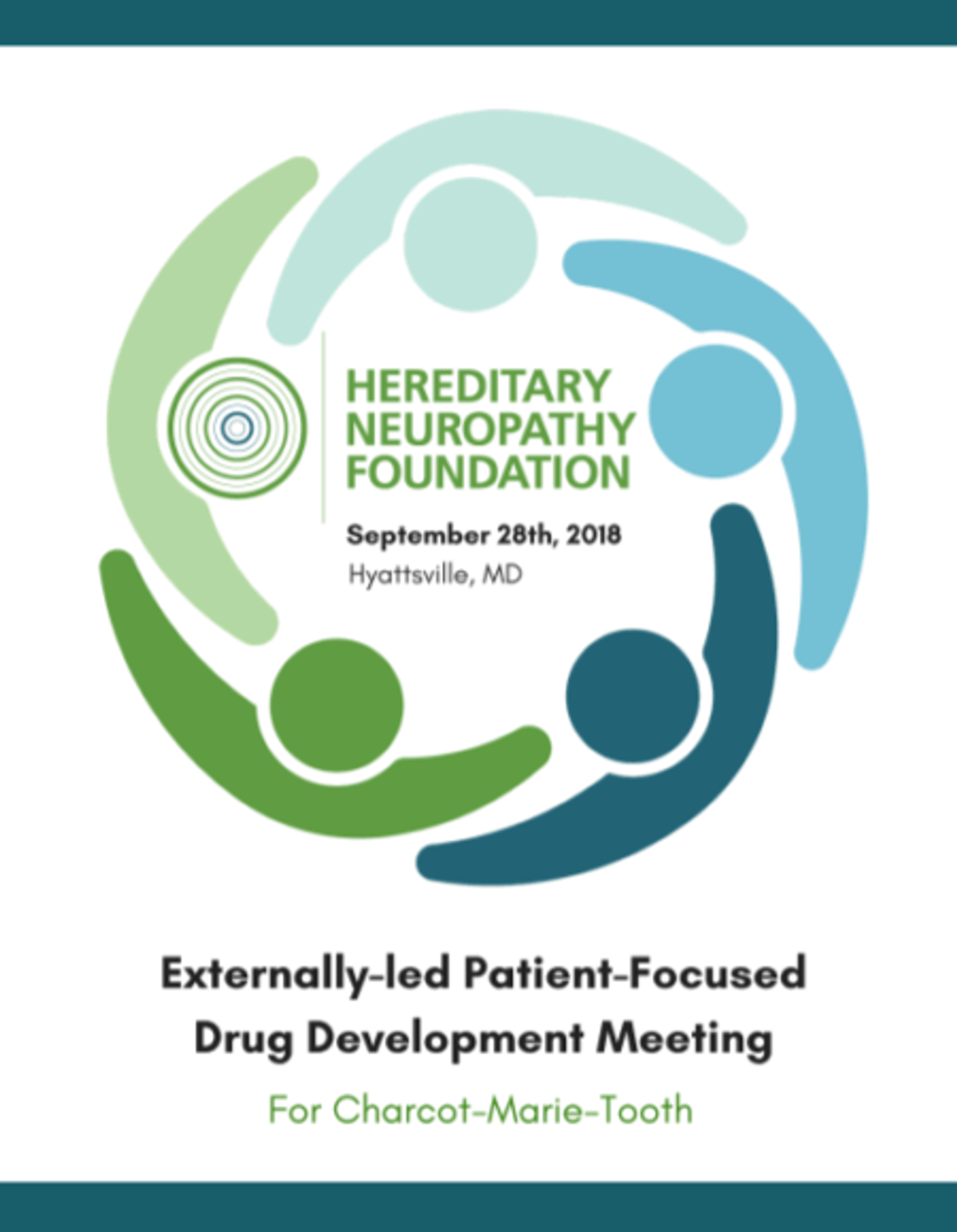 Logotipo de Hereditary Neuropathy Foundation y detalles del evento del 28 de septiembre de 2018 en Hyattsville, MD.