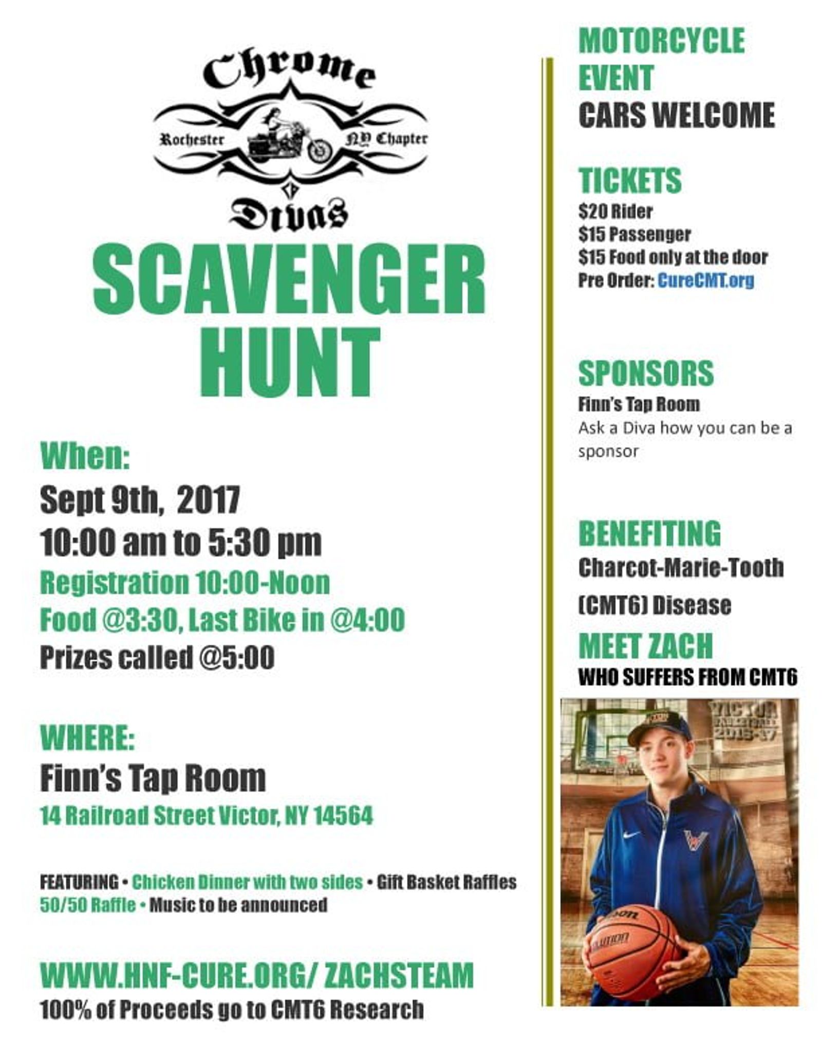 Chrome Druqs Rochester scavenger hunt flyer for September 9, 2017 benefiting CMTG disease research.