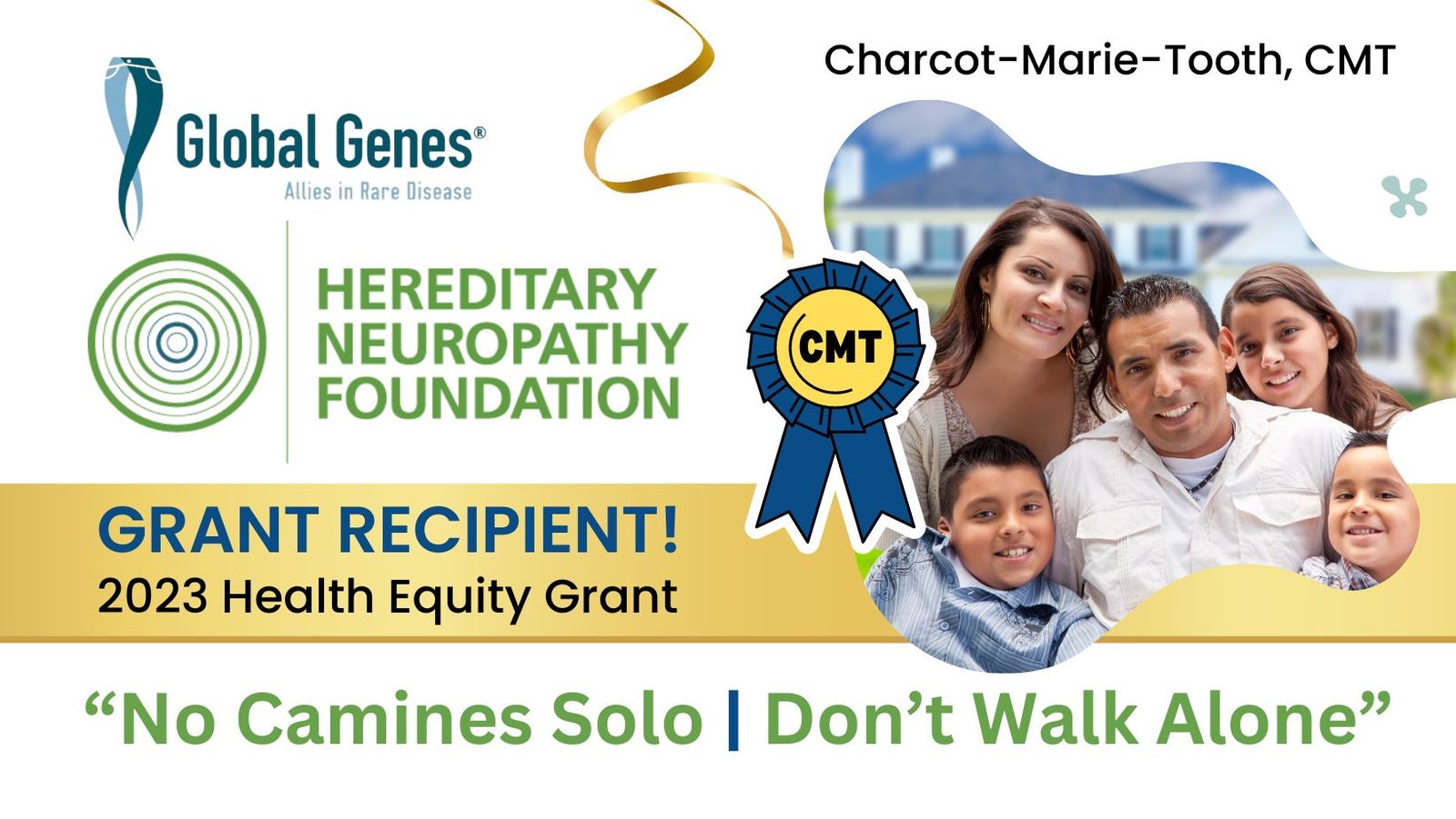 Charcot-Marie-Tooth CMT grant recipient banner with family photo and organization logos.