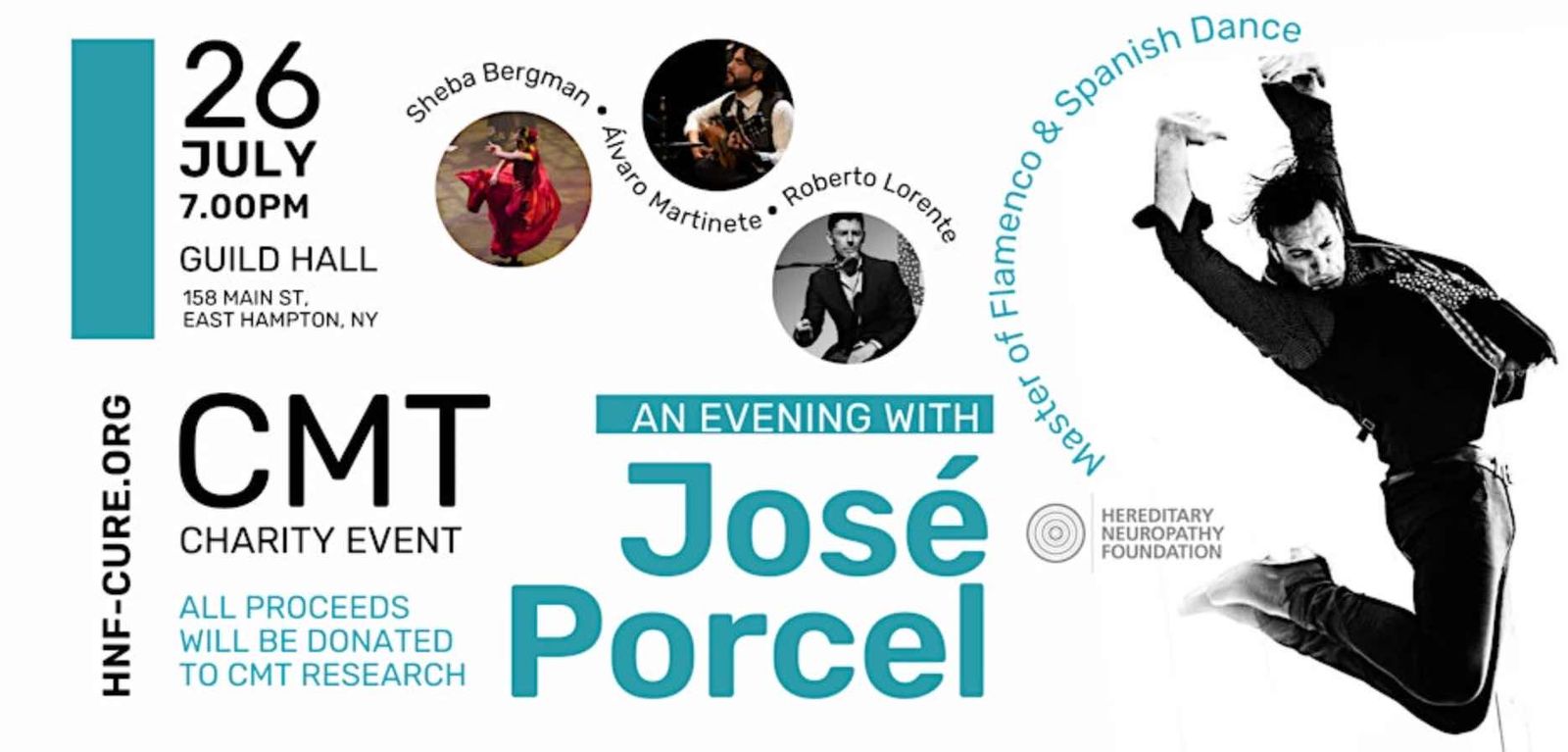 Promotional poster for CMT charity event featuring José Porcel, July 26 at Guild Hall, East Hampton.