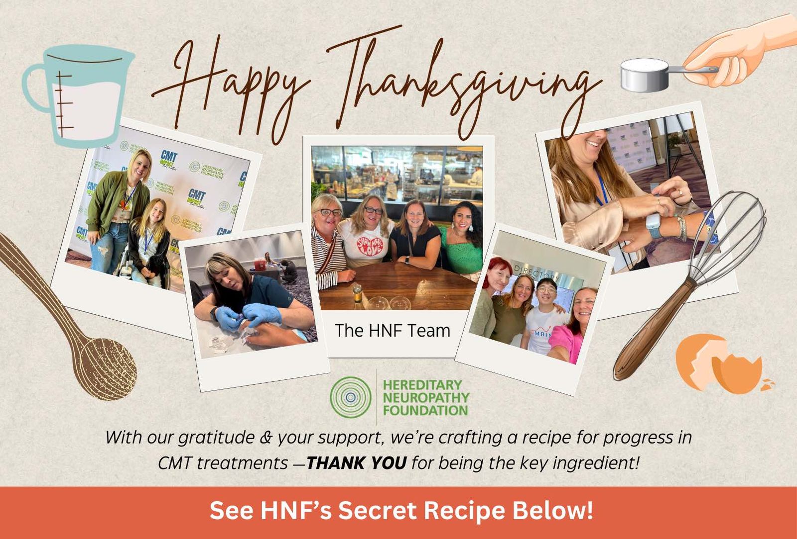 Gráfico de Día de Acción de Gracias con fotos del equipo, utensilios de cocina y un mensaje de gratitud de la Fundación HNF sobre los avances en el tratamiento de CMT.
