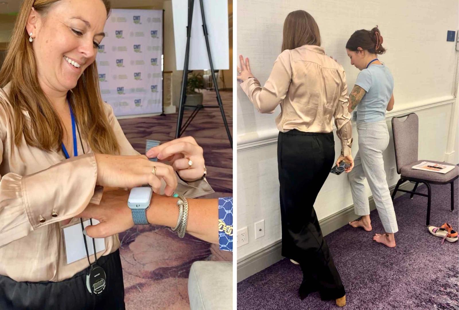 Imagen de dos paneles: a la izquierda se muestra una mujer con un cordón sonriente mirando un dispositivo de muñeca; a la derecha, dos mujeres escribiendo en una pizarra blanca en un espacio interior.