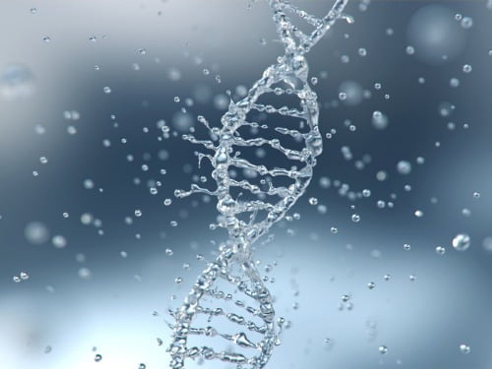 DNA double helix structure made of water droplets against blue background.