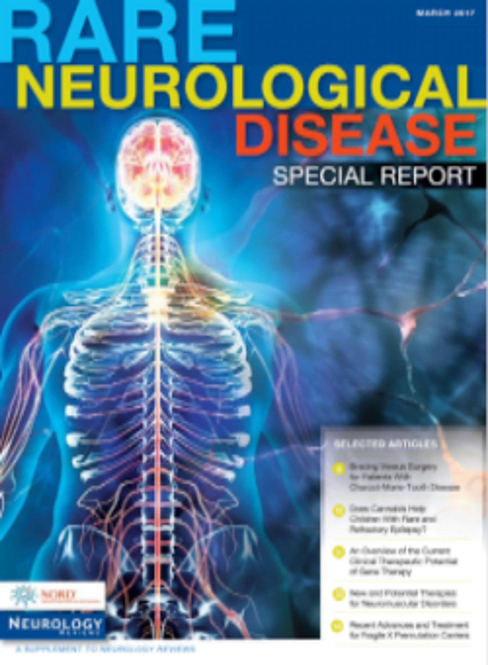 Magazine cover titled "RARE NEUROLOGICAL DISEASE SPECIAL REPORT" featuring anatomical illustration of human nervous system.