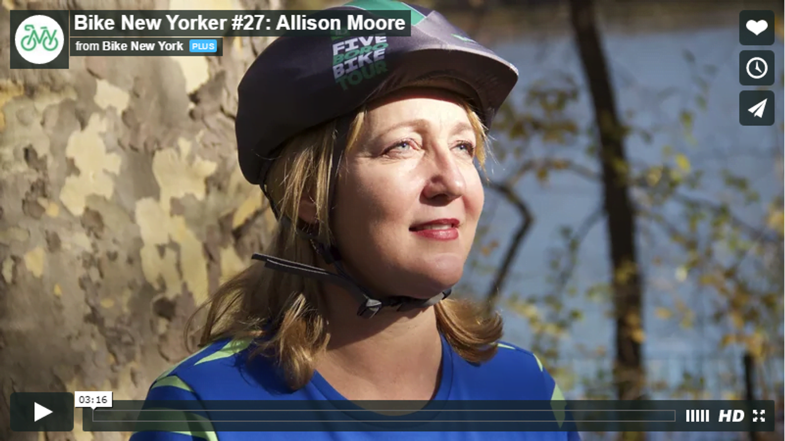 Allison Moore wearing black cap and blue shirt in "Bike New Yorker #27" video still.